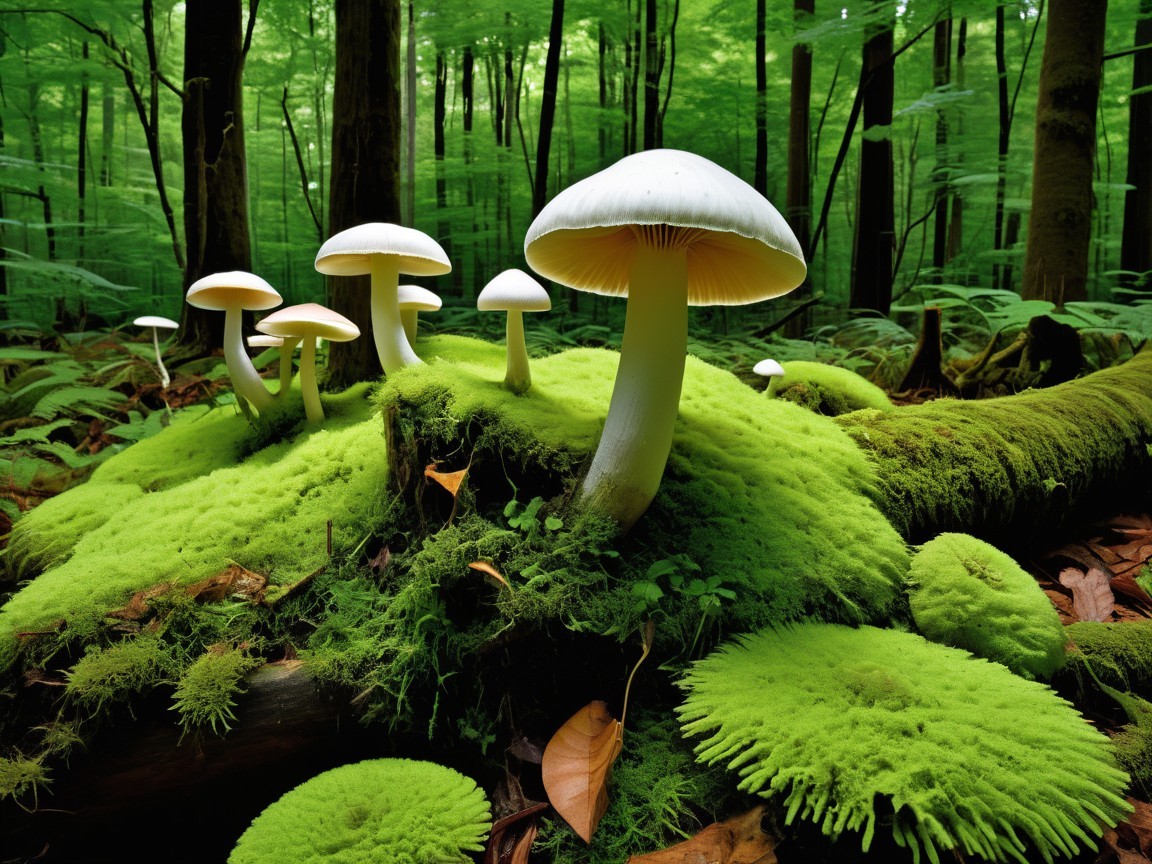 Lush Forest Scene with White Mushrooms on Mossy Log