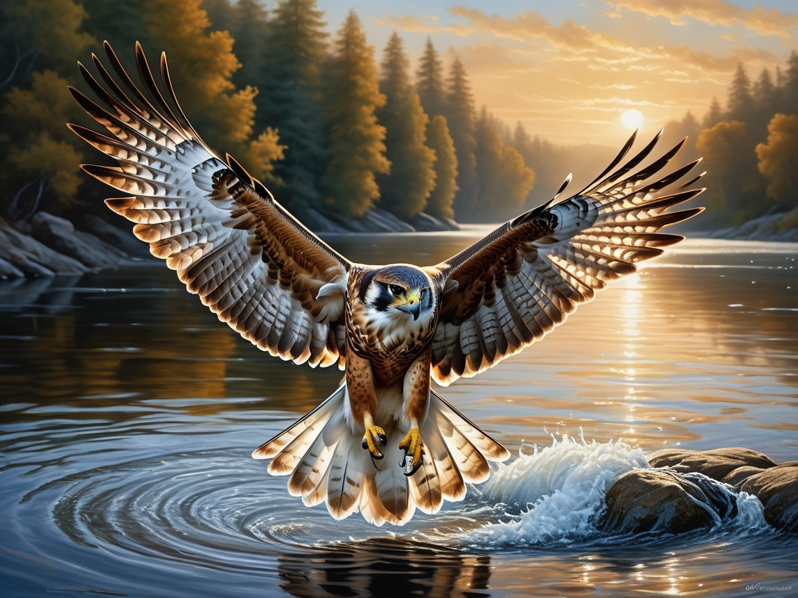 Hawk Soars Over Shimmering River at Sunrise