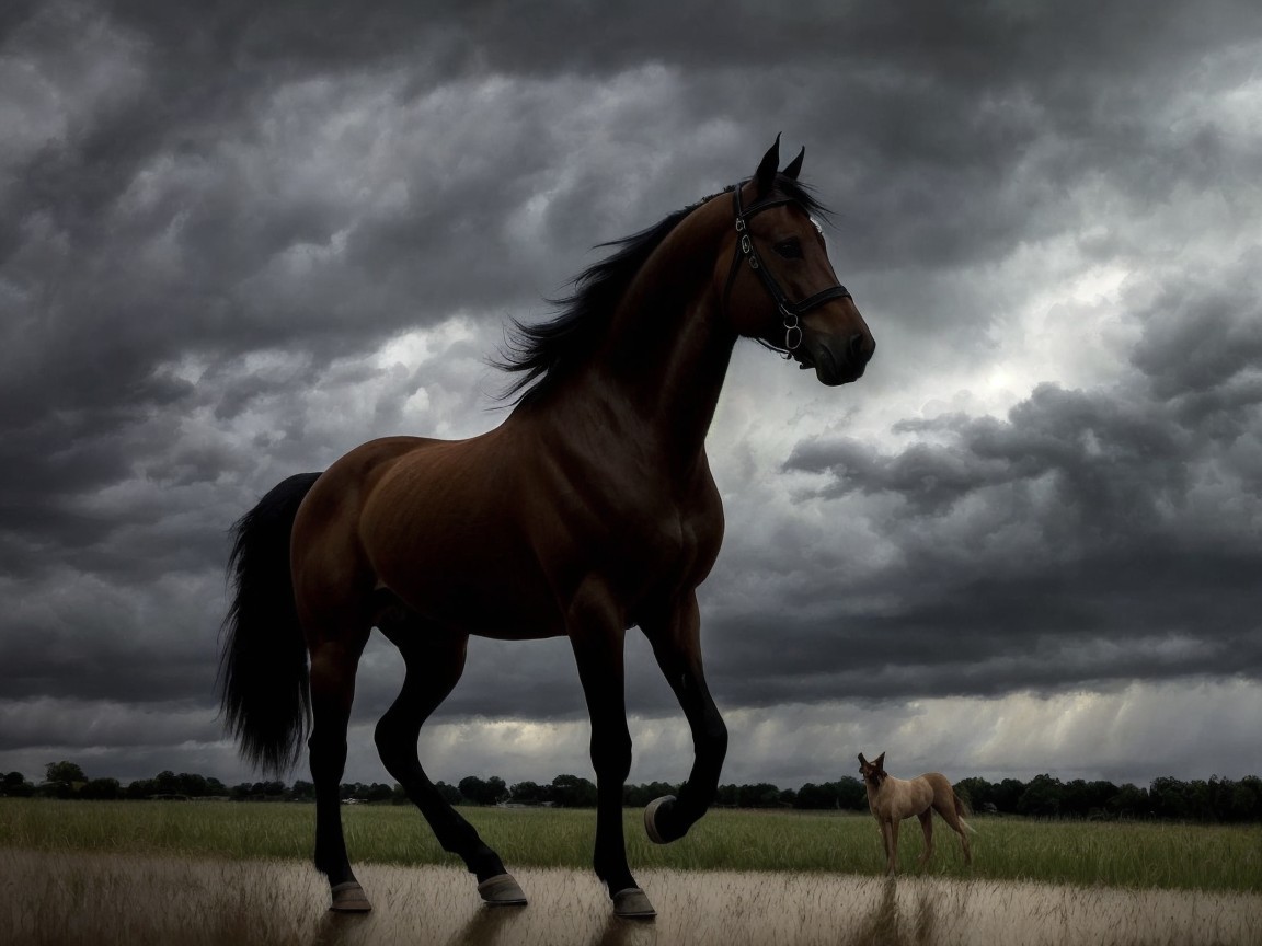 Dark Horse in Grassy Field Under Ominous Sky
