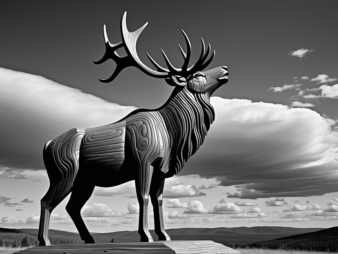 Art Deco Elk Sculpture on Wooden Base in Dramatic Sky