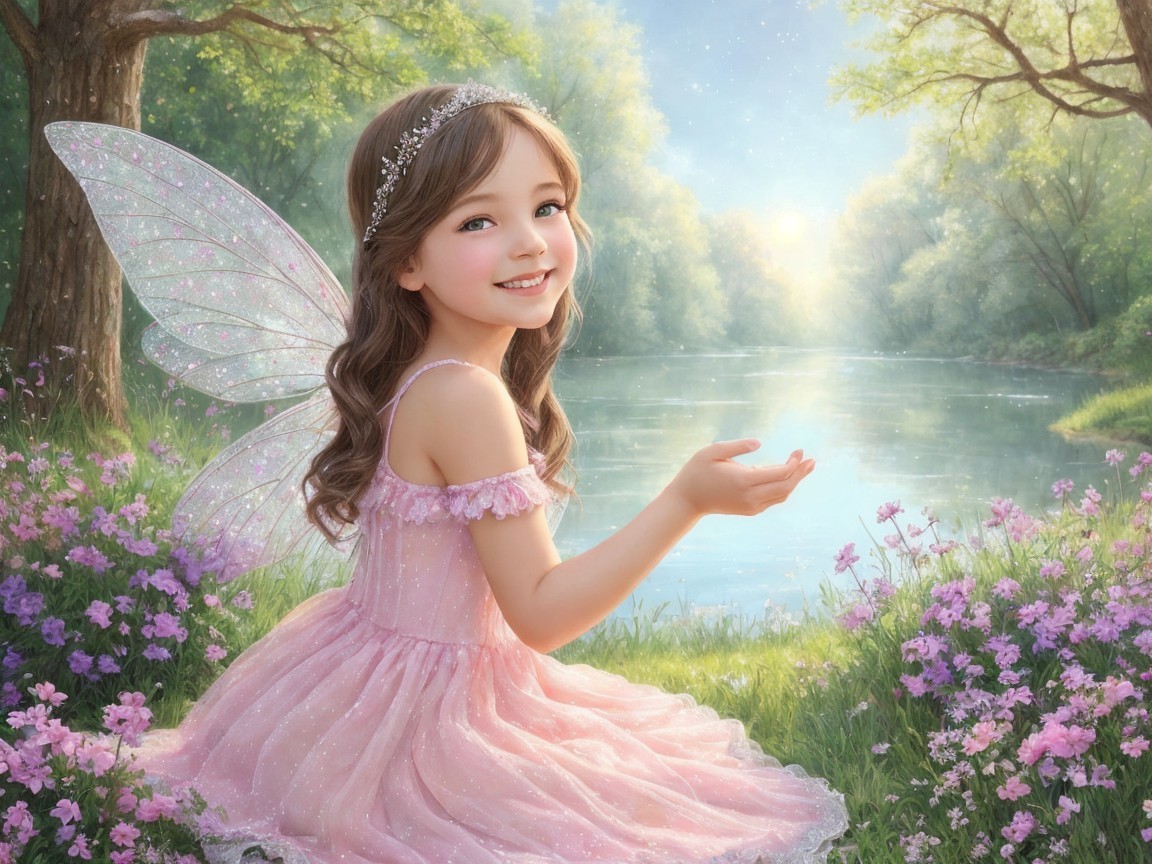 Whimsical Scene of a Girl with Fairy Wings by a Lake