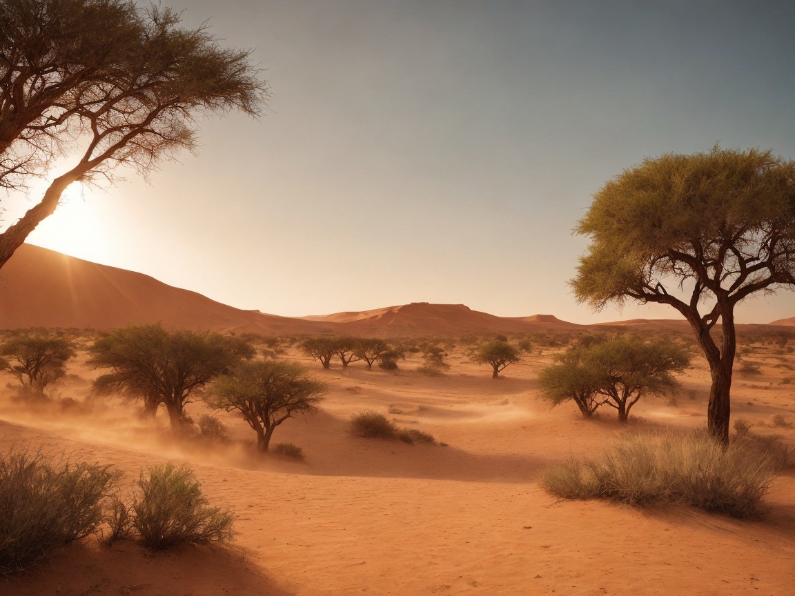 Serene Desert Landscape at Sunset with Dunes and Trees