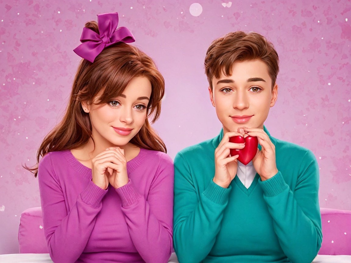Young couple with auburn hair and teal sweater in pink backdrop