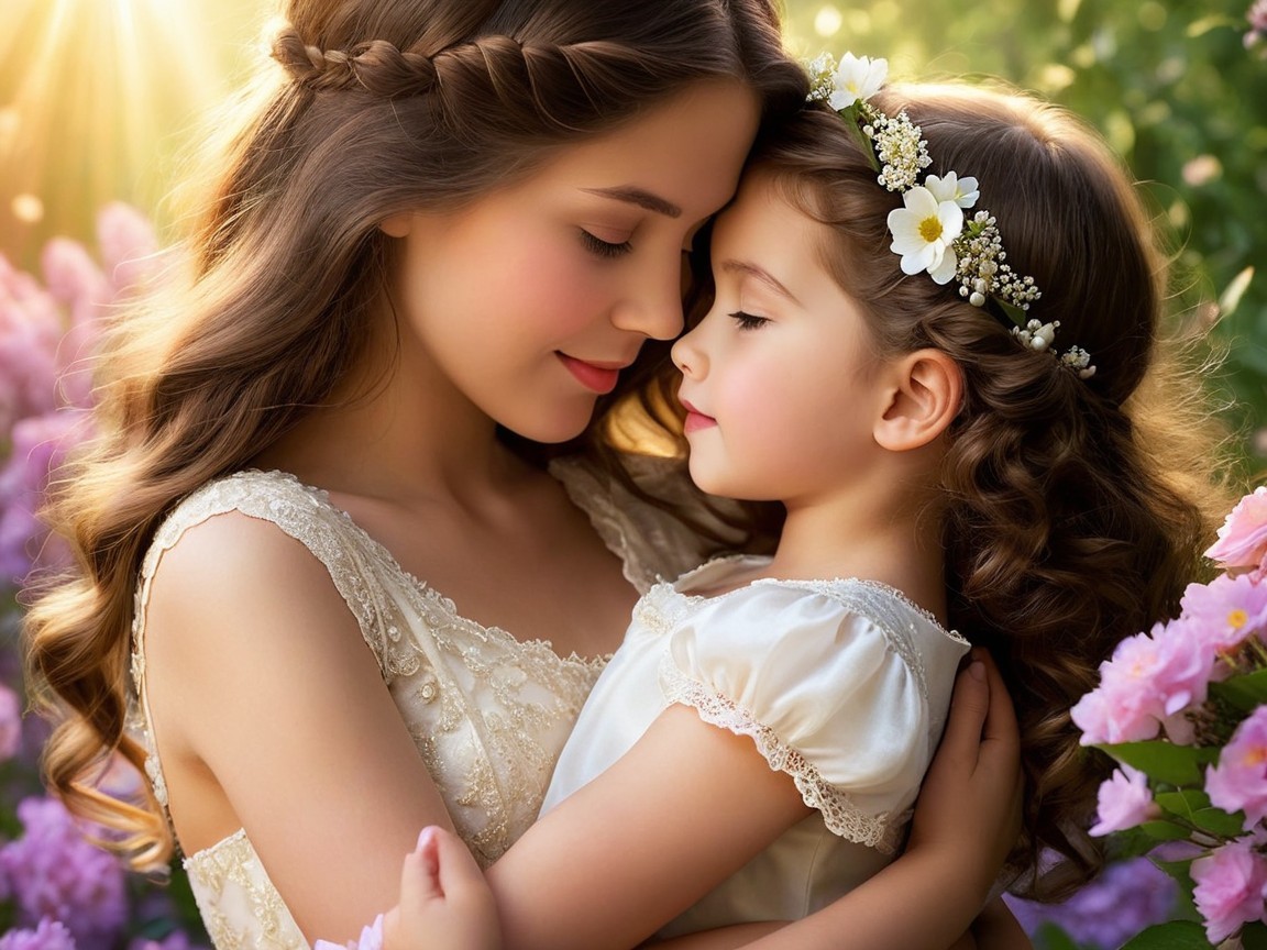 Tender Mother-Daughter Moment Amidst Blooming Flowers