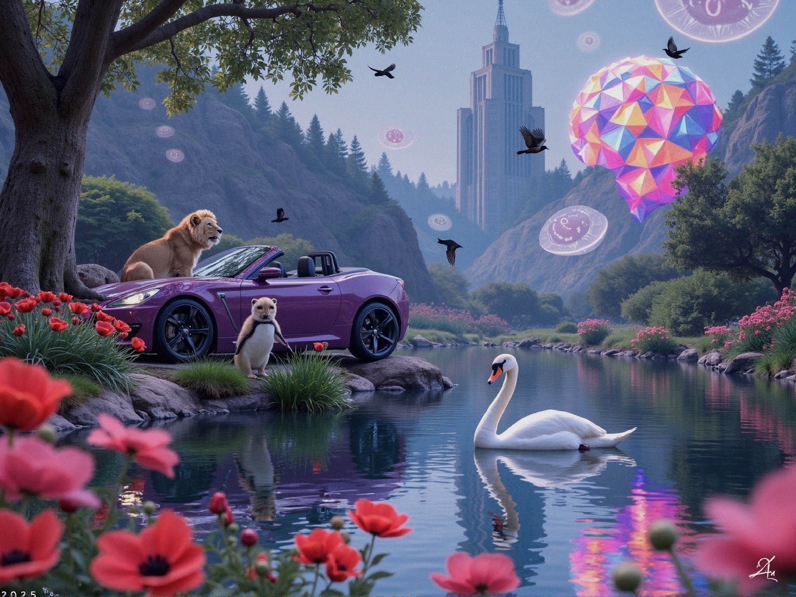 Fantastical Landscape with Lion on Convertible Car