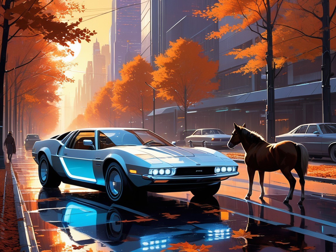 Retro-Futuristic Sports Car in Autumn City Scene