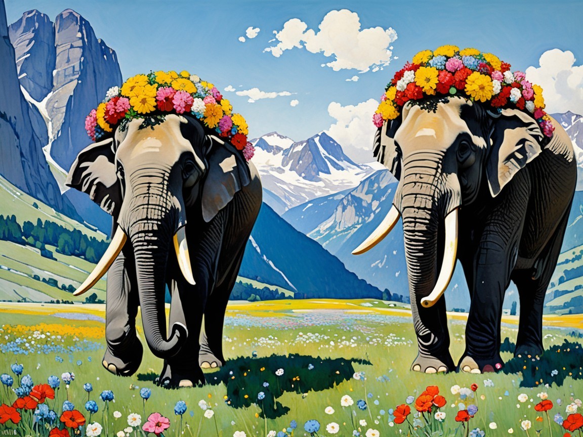 Elephants with Flower Crowns in Scenic Landscape