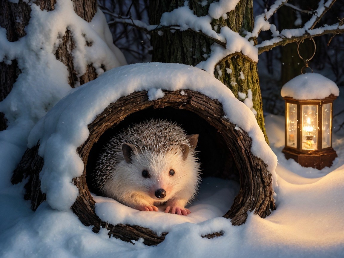 Hedgehog in Hollow Log in Serene Snowy Landscape