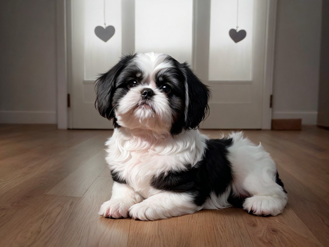 Fluffy Black and White Dog on Wooden Floor
