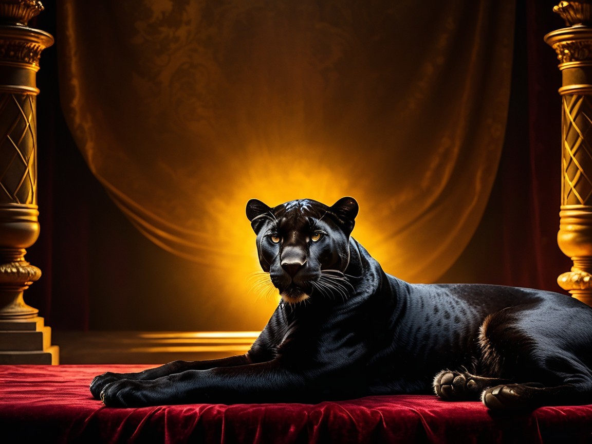 Black Panther on Red Velvet with Golden Pillars