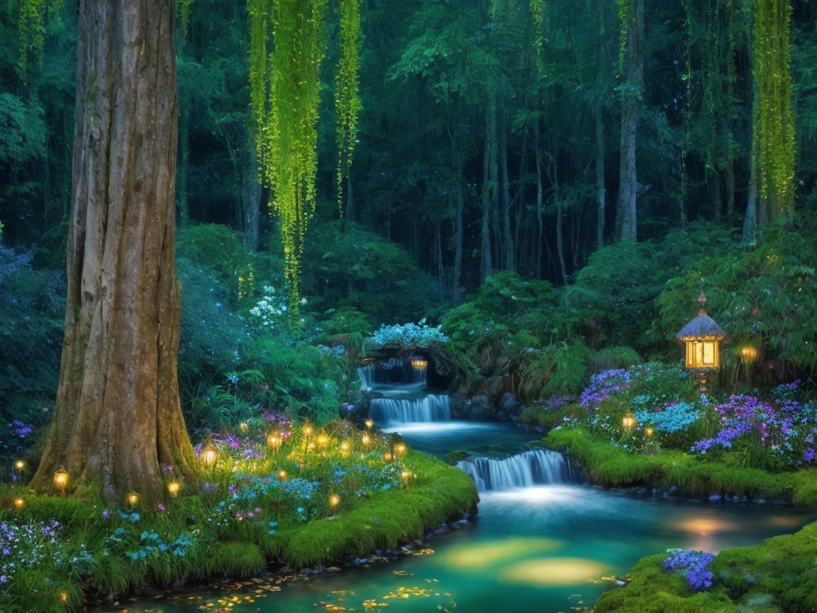 Tranquil Forest Scene with Stream and Lanterns at Dusk