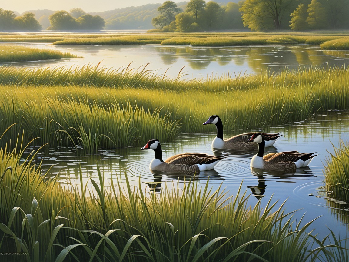 Tranquil Landscape with Ducks on Reflective Waterway
