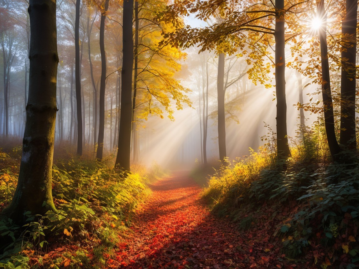 Serene Forest Pathway with Vibrant Autumn Leaves