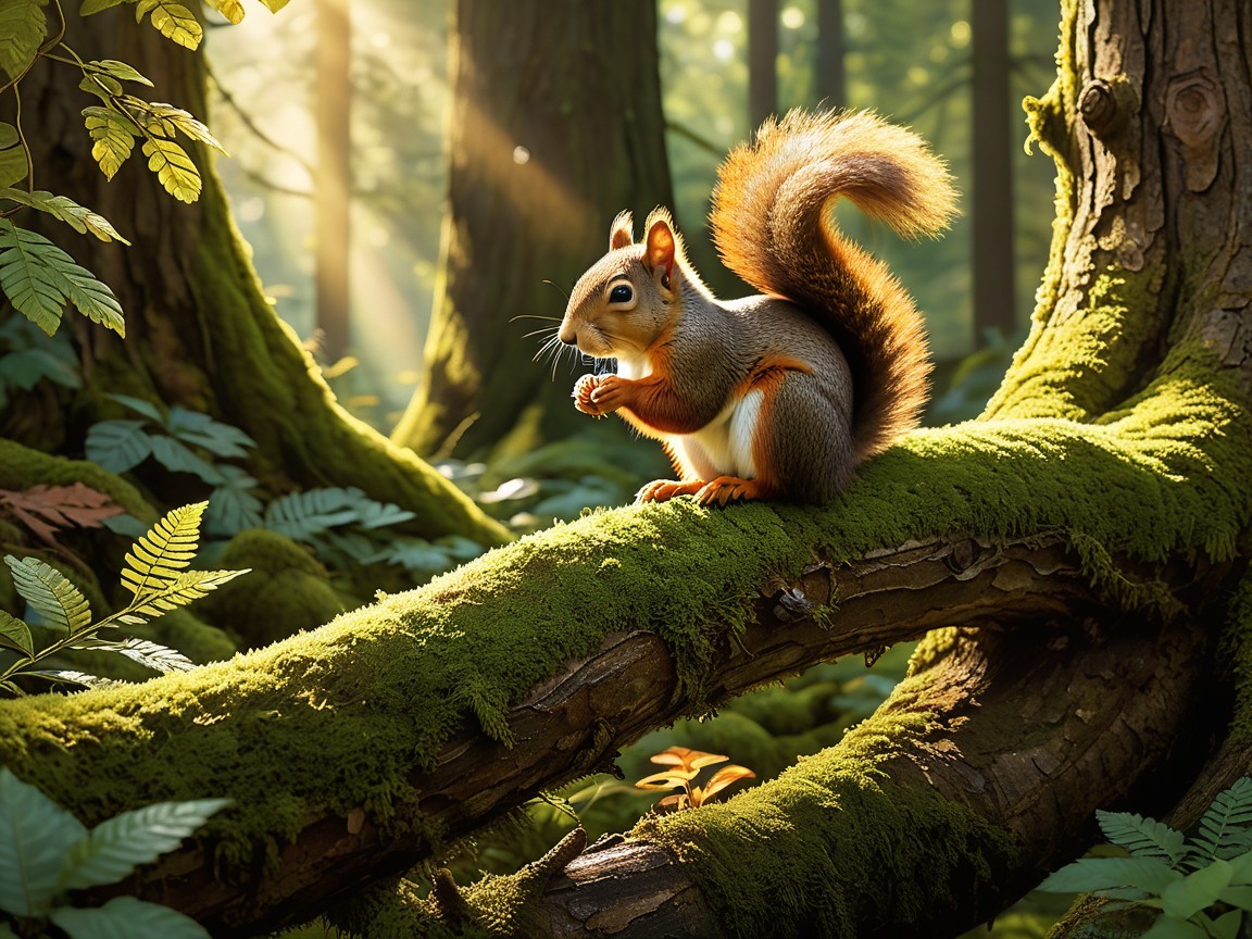 Fluffy Squirrel on Mossy Branch in Sunlit Forest