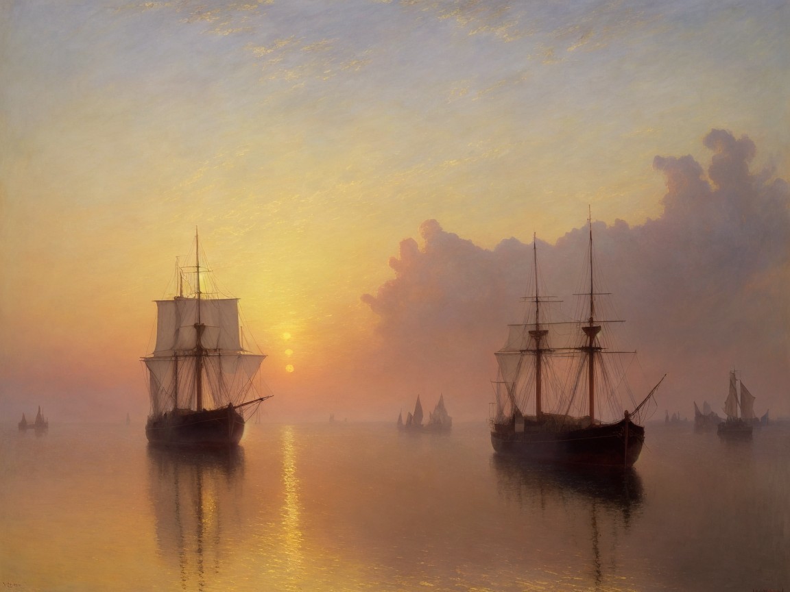 Serene Sunset Over Calm Sea with Sailing Ships