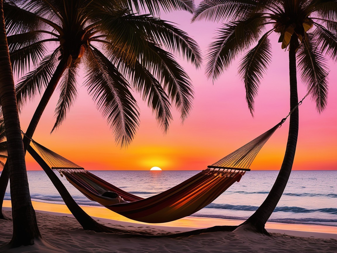 Tranquil Beach Scene at Sunset with Palm Trees