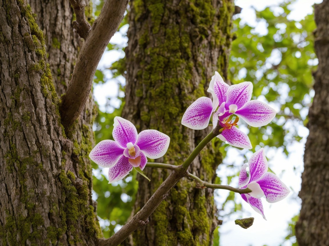 Pink and white orchids bloom on a slender branch