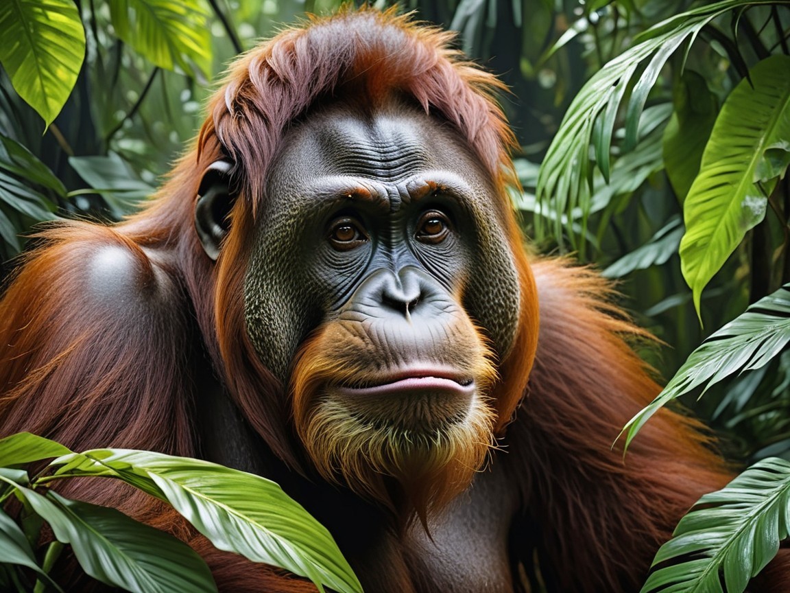 Close-Up of an Orangutan in Lush Jungle Foliage