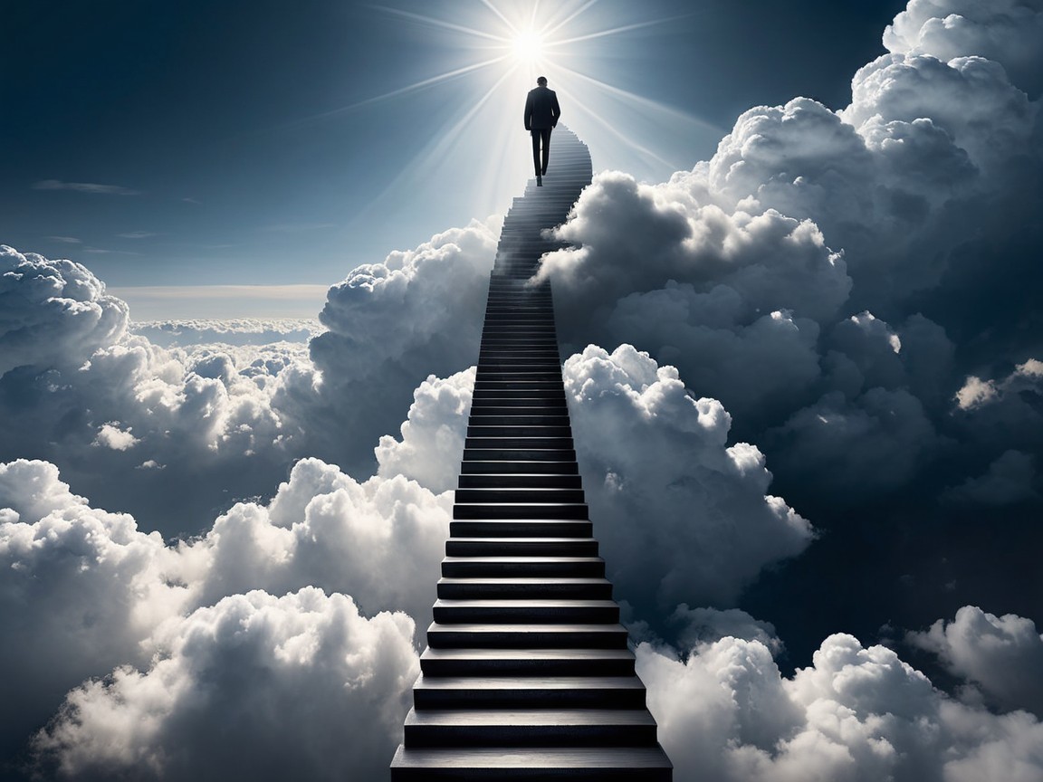 Solitary Figure Ascending Staircase Through Clouds