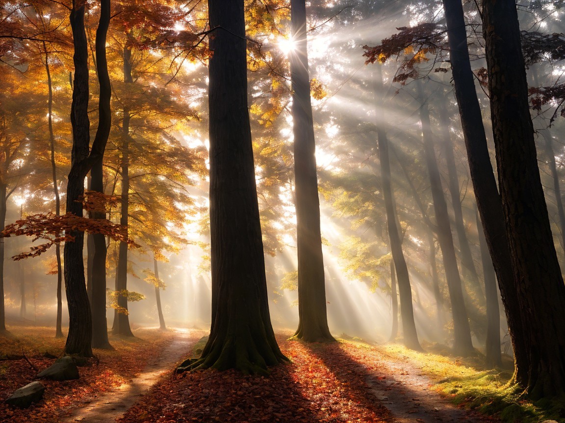 Autumn Forest Scene with Golden Leaves and Sunlight