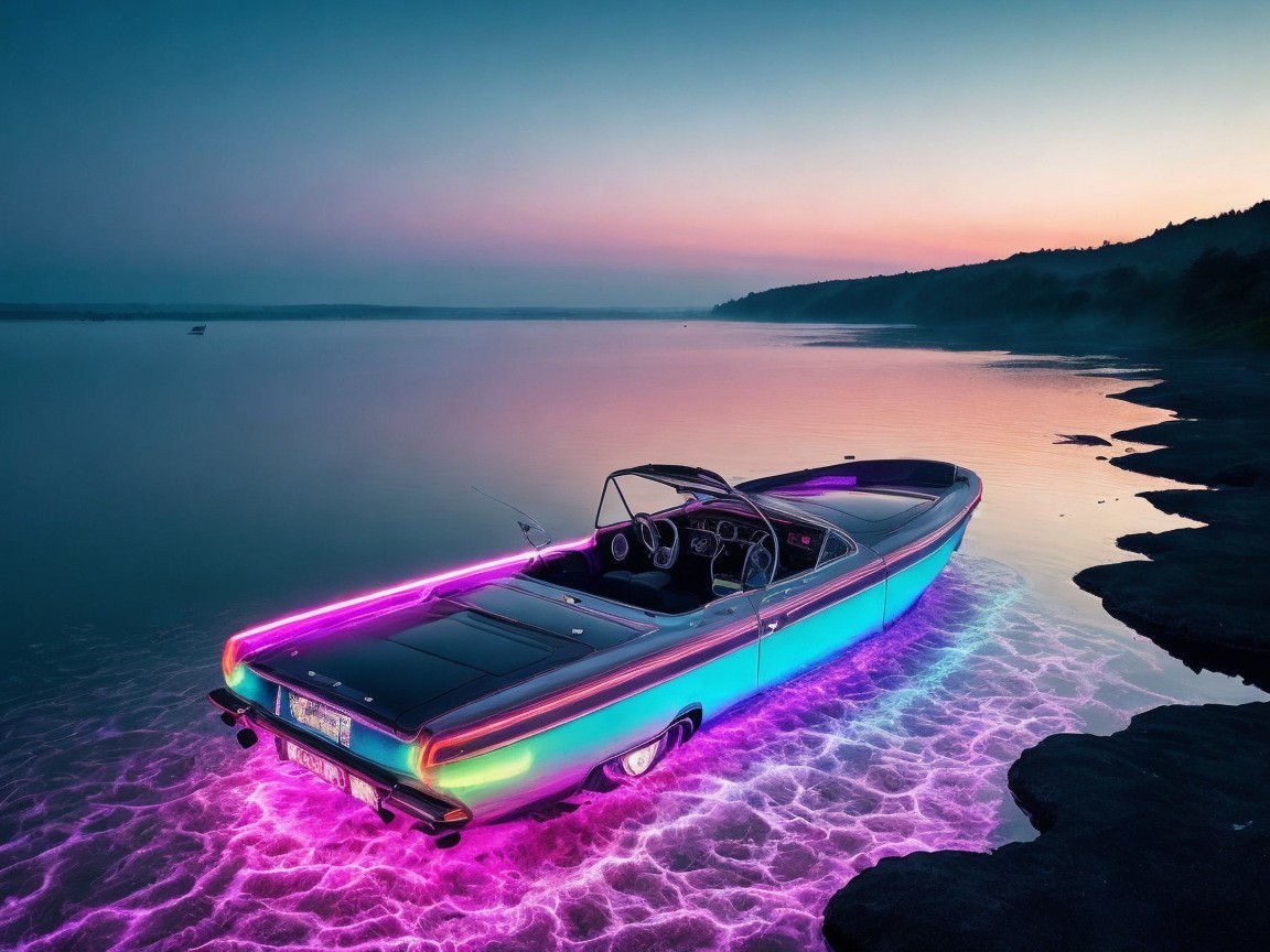 Vintage Convertible Car by Neon Waters at Dusk