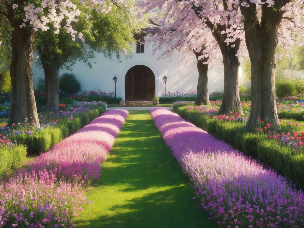 Serene Garden Pathway with Vibrant Flowers and Trees
