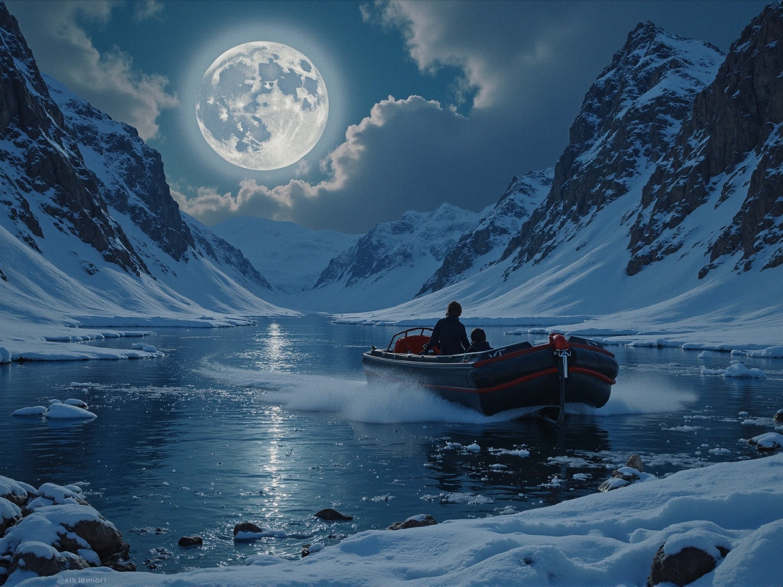 Lone Boat on Icy River with Snow-Capped Mountains