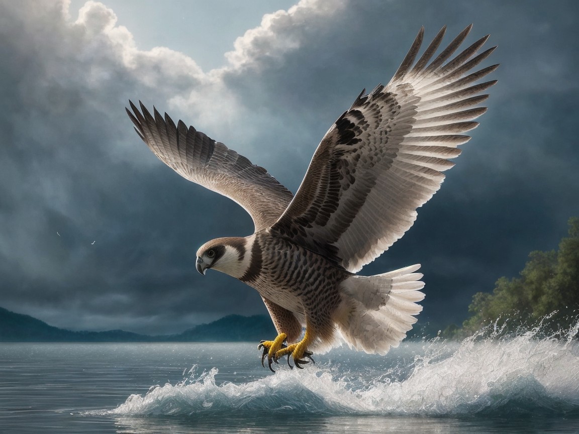 Hawk in Flight Over Shimmering Water and Dramatic Sky