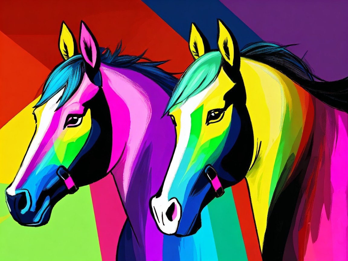 Stylized horses with vibrant colors and bold outlines