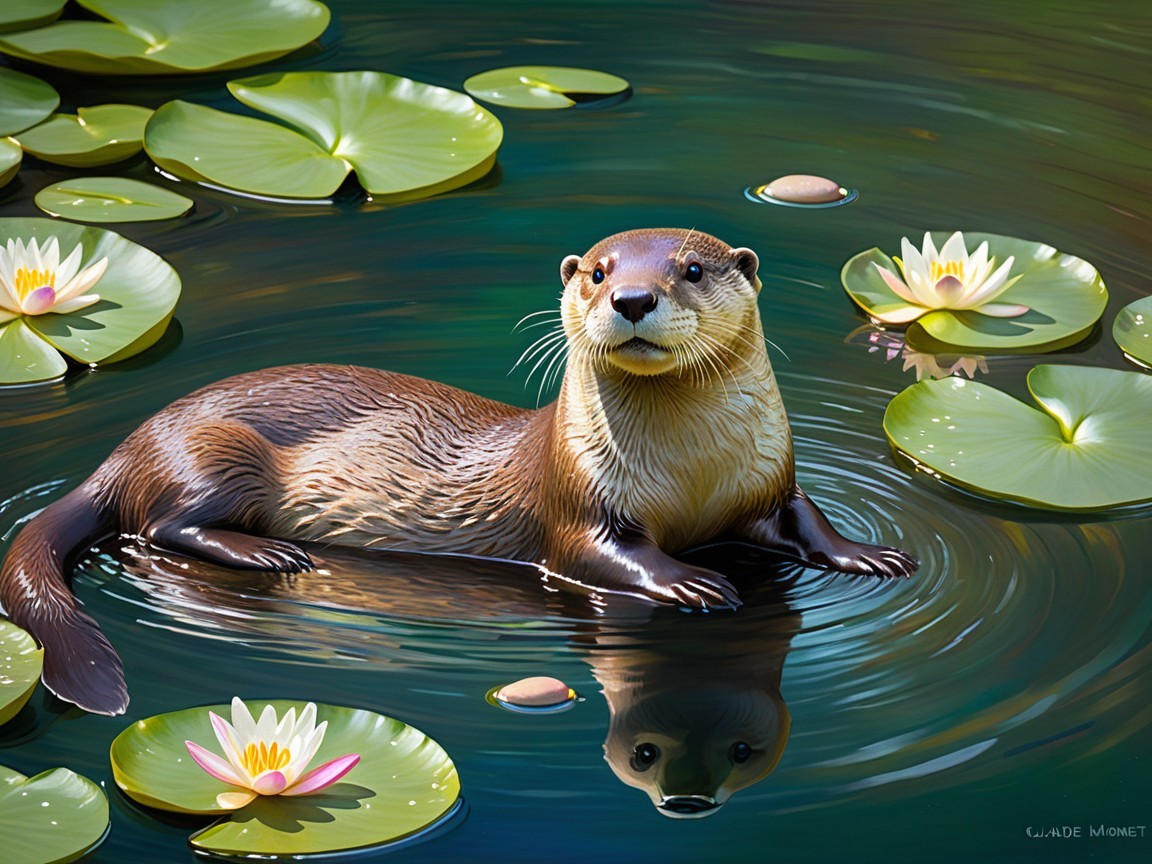 Otter Floating in Serene Pond with Water Lilies