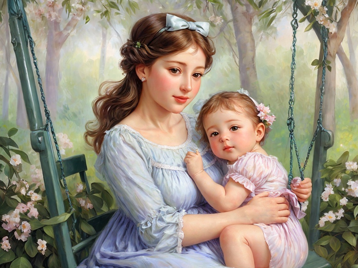 Mother and Baby on Swing Under Blossoming Trees