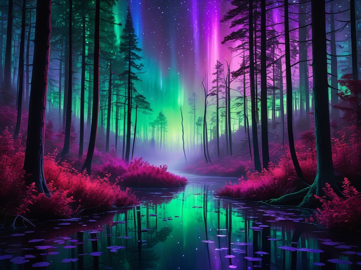 Serene Forest Scene Under Vibrant Northern Lights