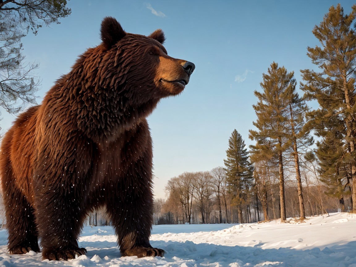 Brown Bear in Snowy Landscape with Evergreen Trees