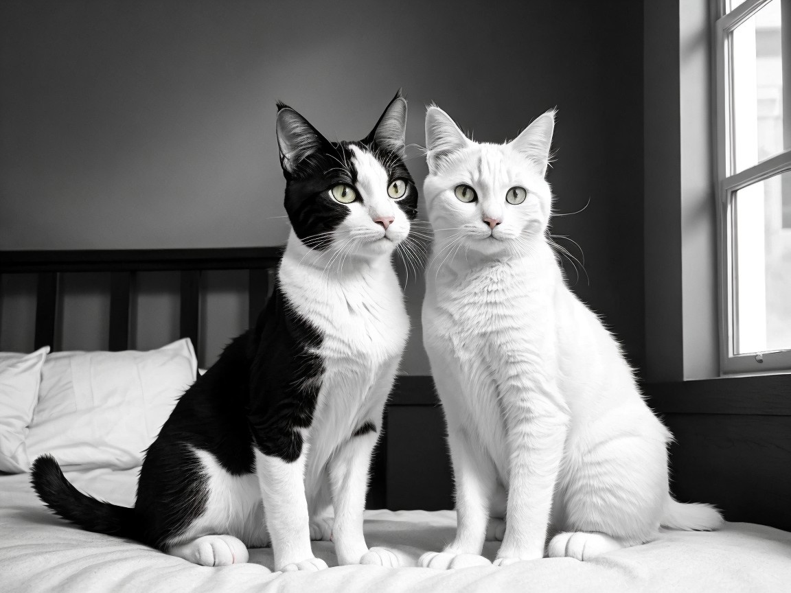 Two Cats on Light-Colored Bed in Shadowed Room