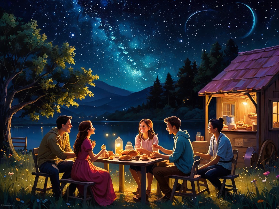 Cozy Outdoor Gathering of Friends by a Lake