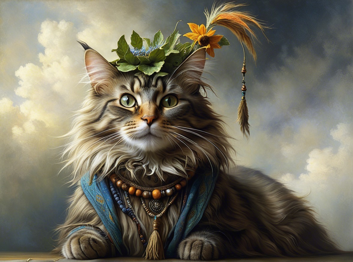 Majestic Tabby Cat with Floral Garlands and Jewelry