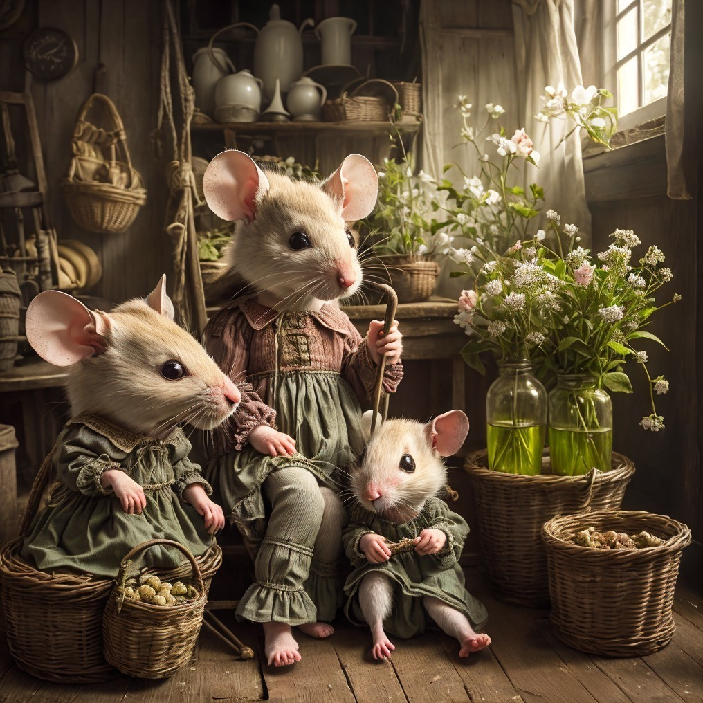 Anthropomorphic Mice in Dresses in Rustic Interior