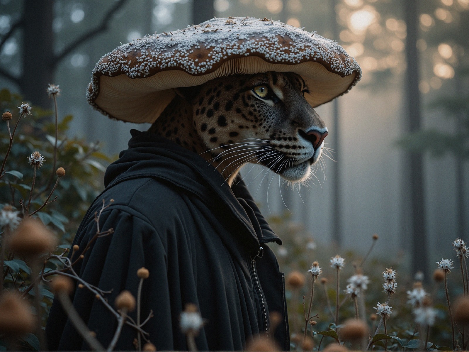 Leopard-Headed Figure in Misty Forest Setting