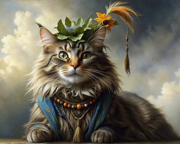 Majestic Tabby Cat with Floral Garlands and Jewelry