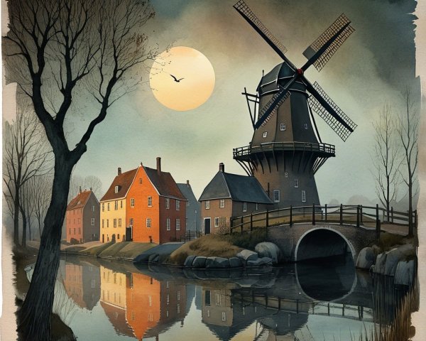 Traditional Windmill by Calm Canal at Sunset