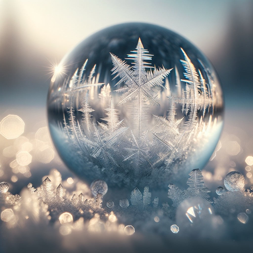 Frozen Bubble with Frost Patterns and Ice Crystals in Soft Light