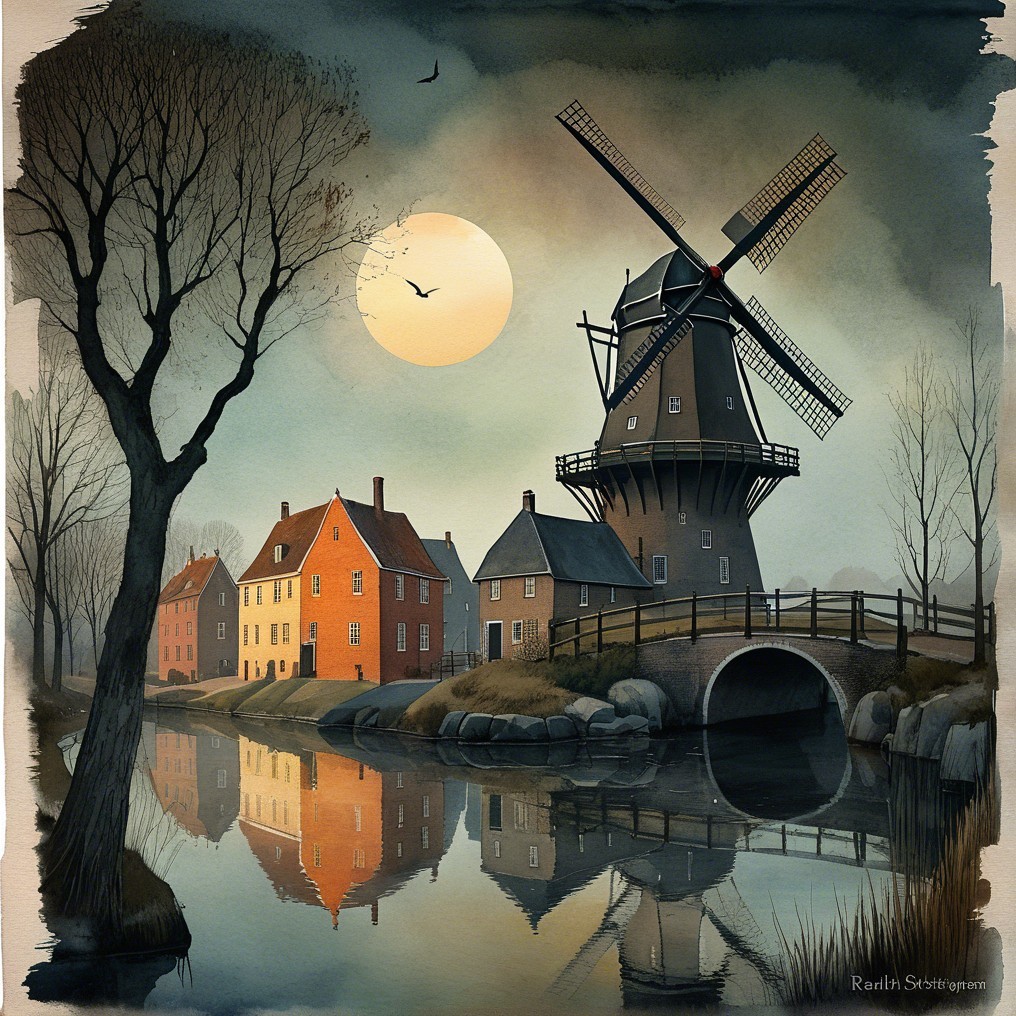 Traditional Windmill by Calm Canal at Sunset