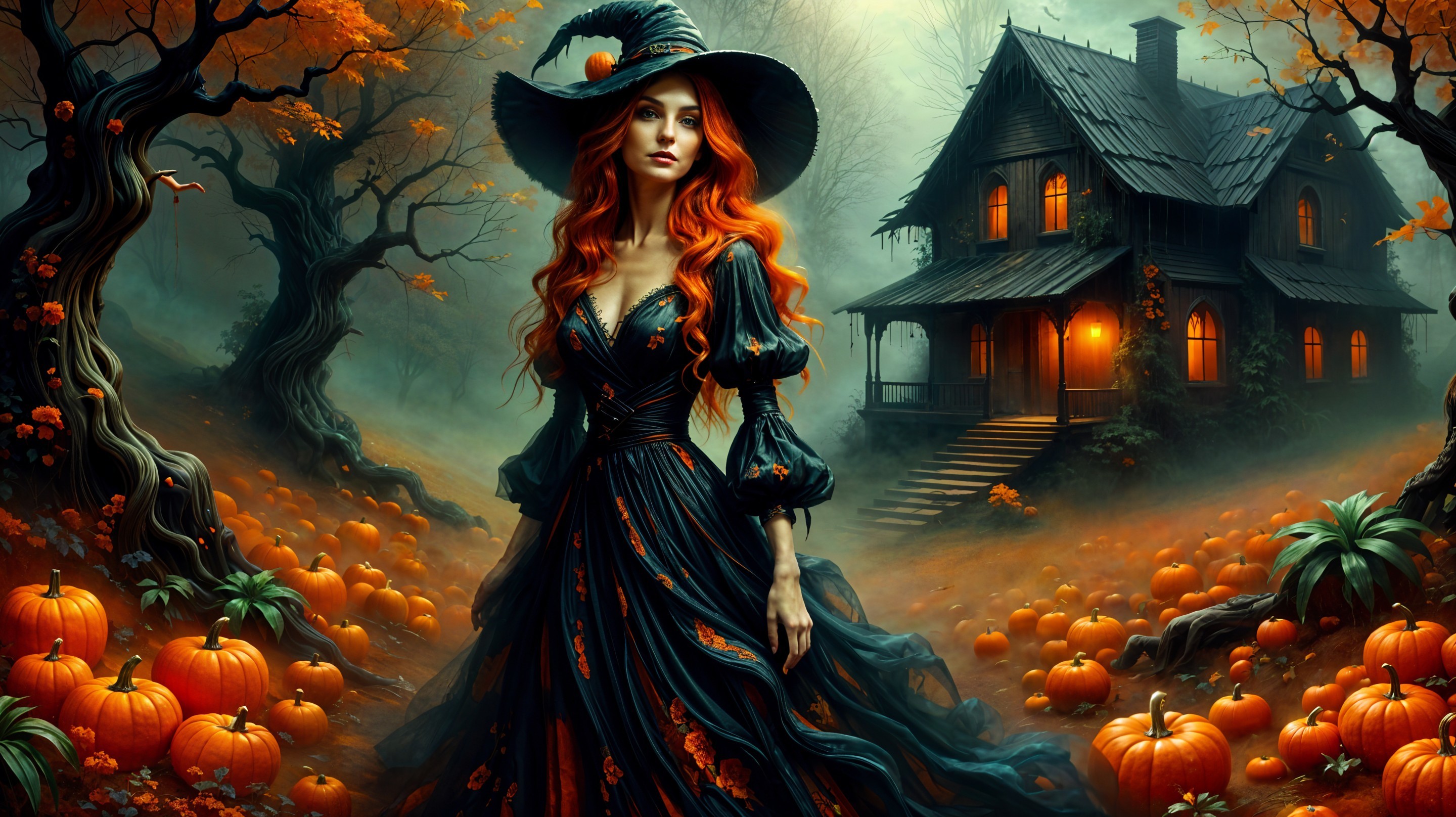 Witch in Dark Gown Amongst Pumpkin Patch and Trees