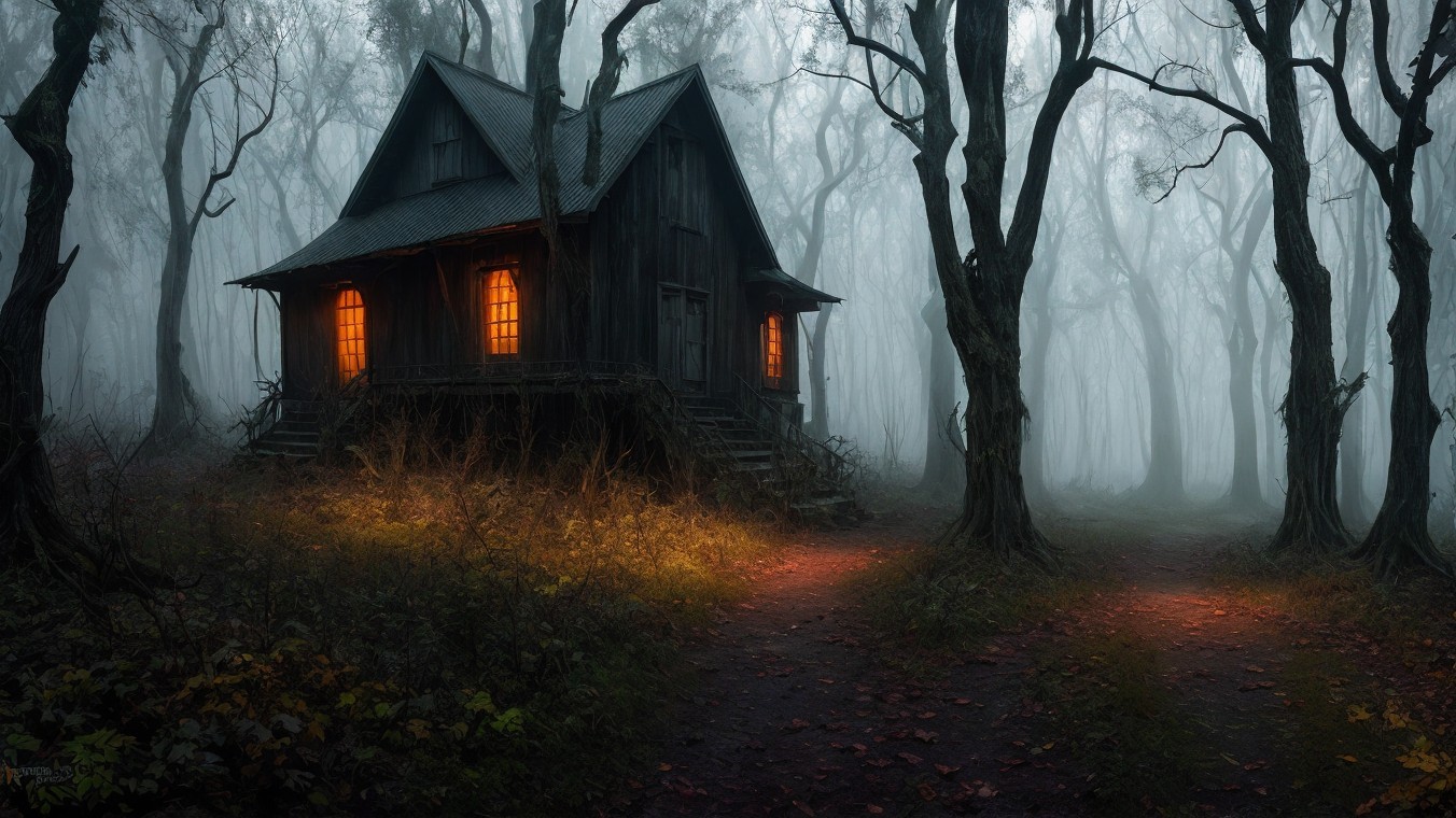 Haunting Cabin in Foggy Forest Landscape