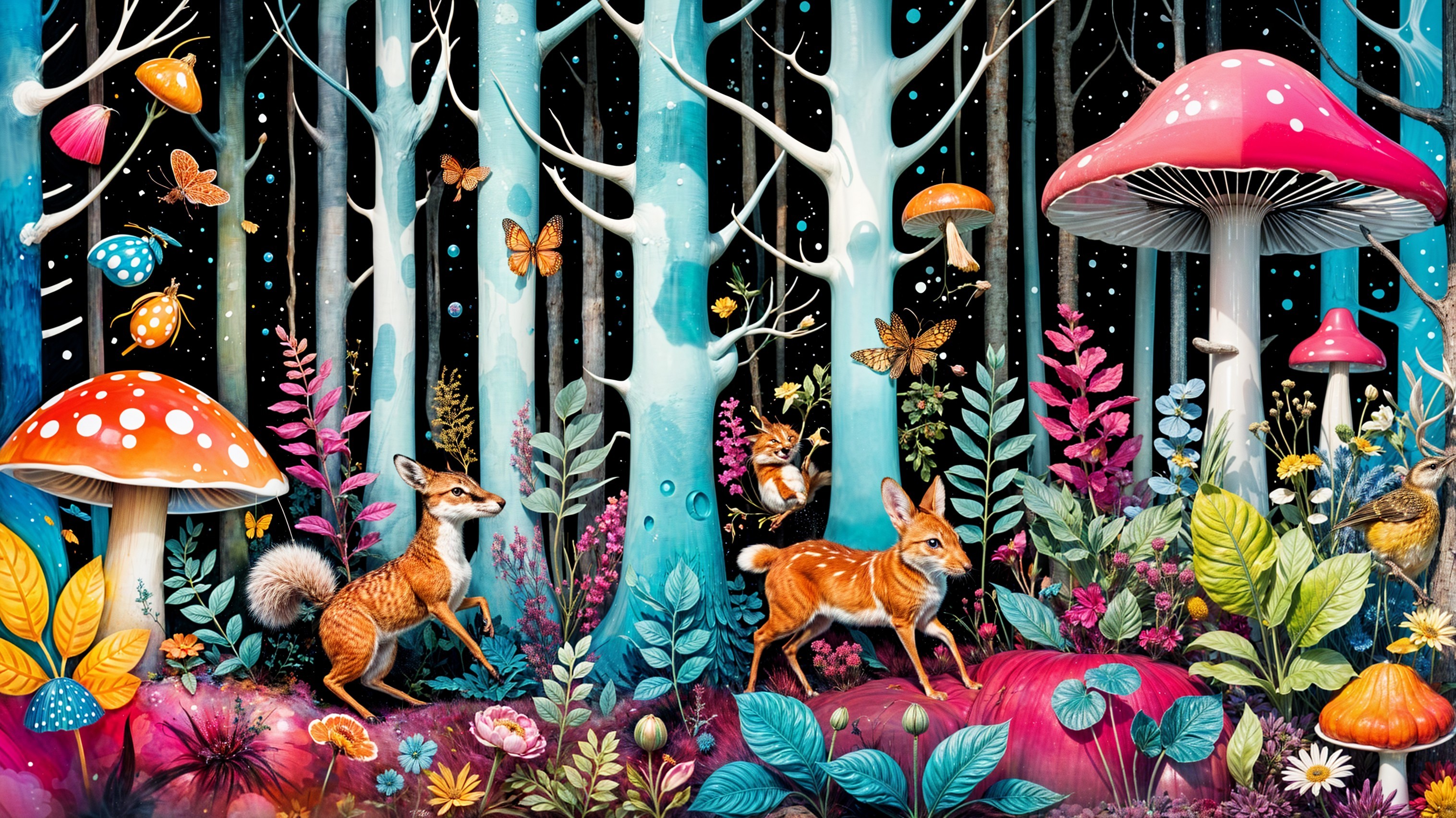 Vibrant Fantastical Forest with Whimsical Elements