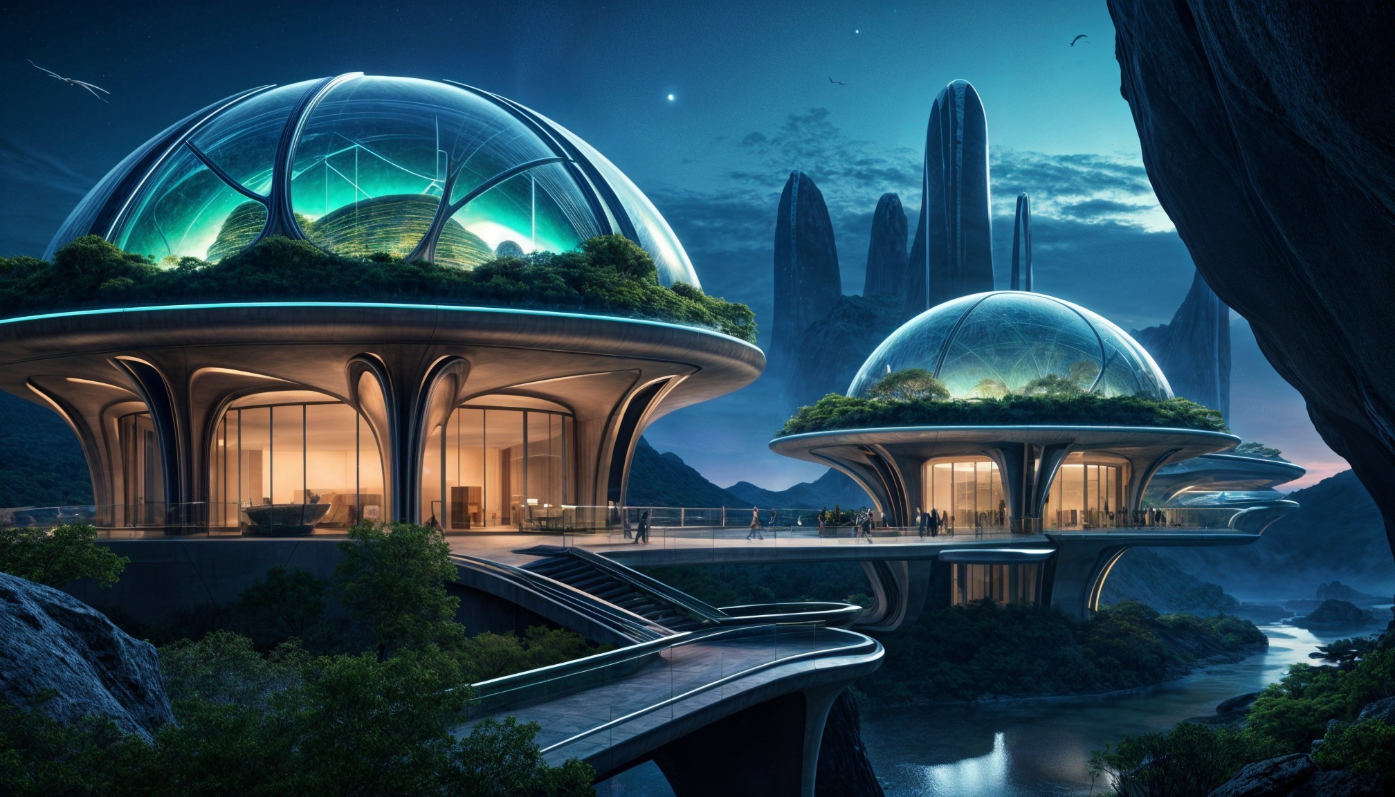 Futuristic architecture with dome-shaped structures and lights
