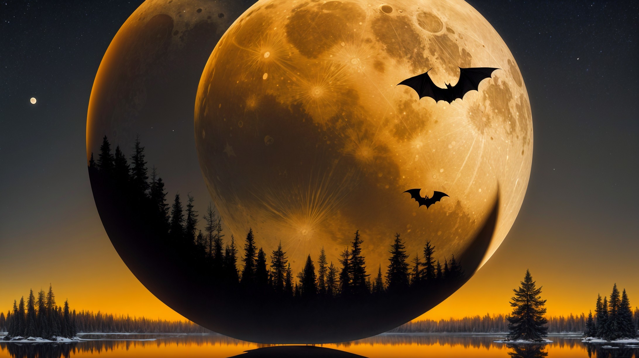 Surreal Landscape with Giant Moon and Tranquil Lake