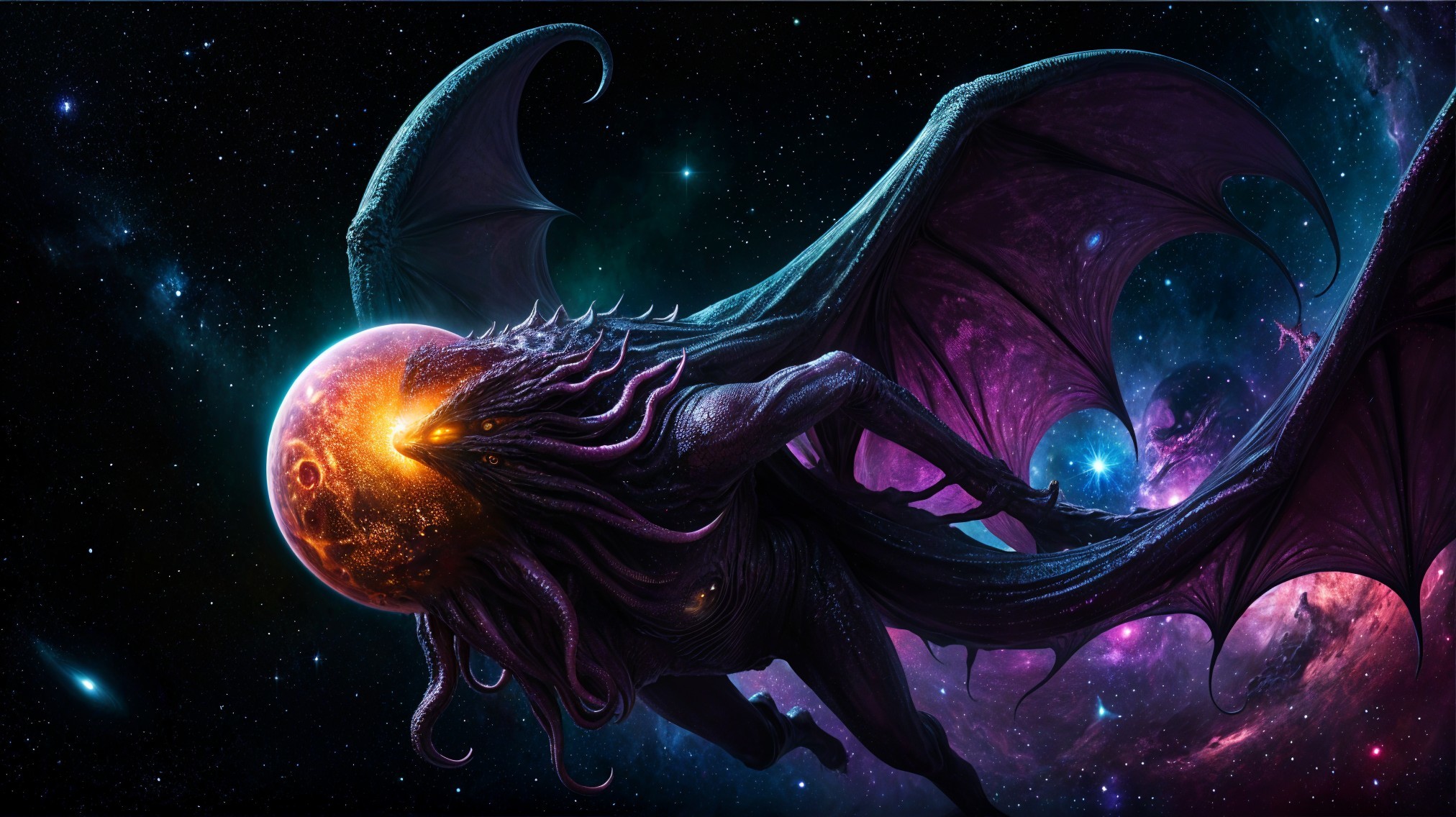 Cosmic Entity with Tentacles and Wings in Galaxy