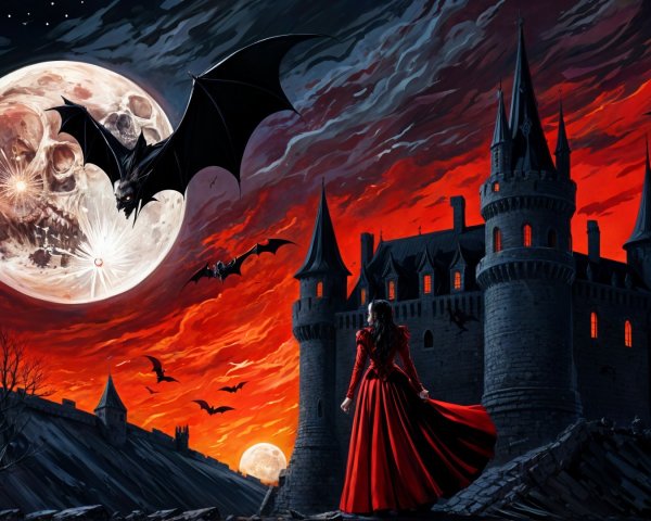Gothic Castle Under Blood-Red Sky and Full Moon