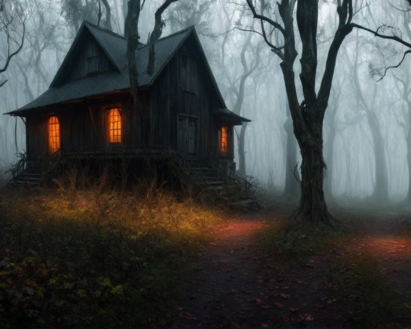 Haunting Cabin in Foggy Forest Landscape